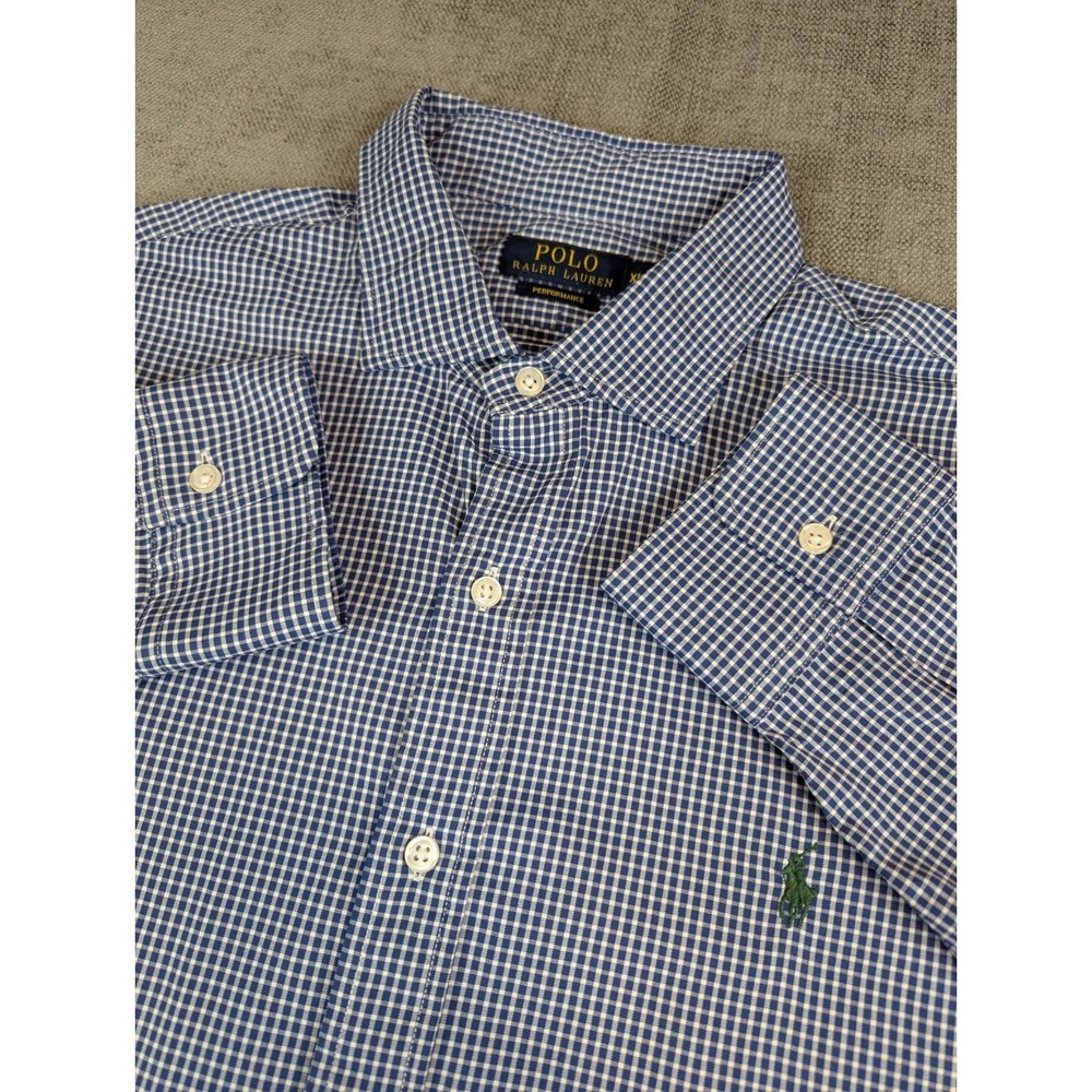 Polo Ralph Lauren Shirt Mens XL Blue Gingham Check Performance Long Button Pony